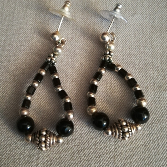 Black Onyx & Silver Bead Loop Earrings - Picture 2 of 4